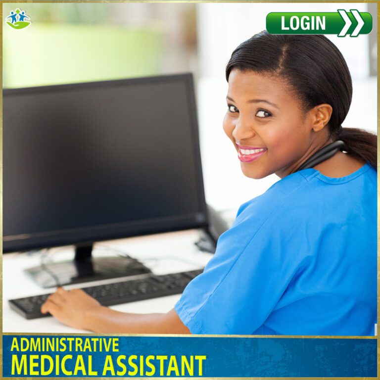 HSTI A woman, identified as a student, is sitting in front of a computer with the words administrative medical assistant.