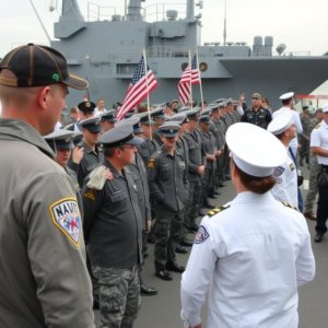 HSTI A group of uniformed people stand in formation on a ship deck, facing officials. Some hold American flags, with a large naval ship in the background.