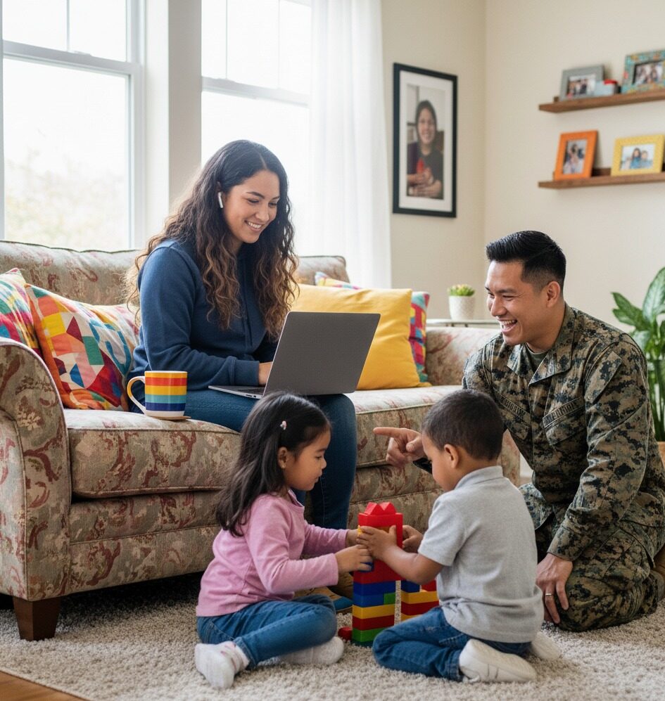HSTI A woman updates her resume on a laptop from the couch while a man in military uniform and two children play with toy blocks on the living room floor.