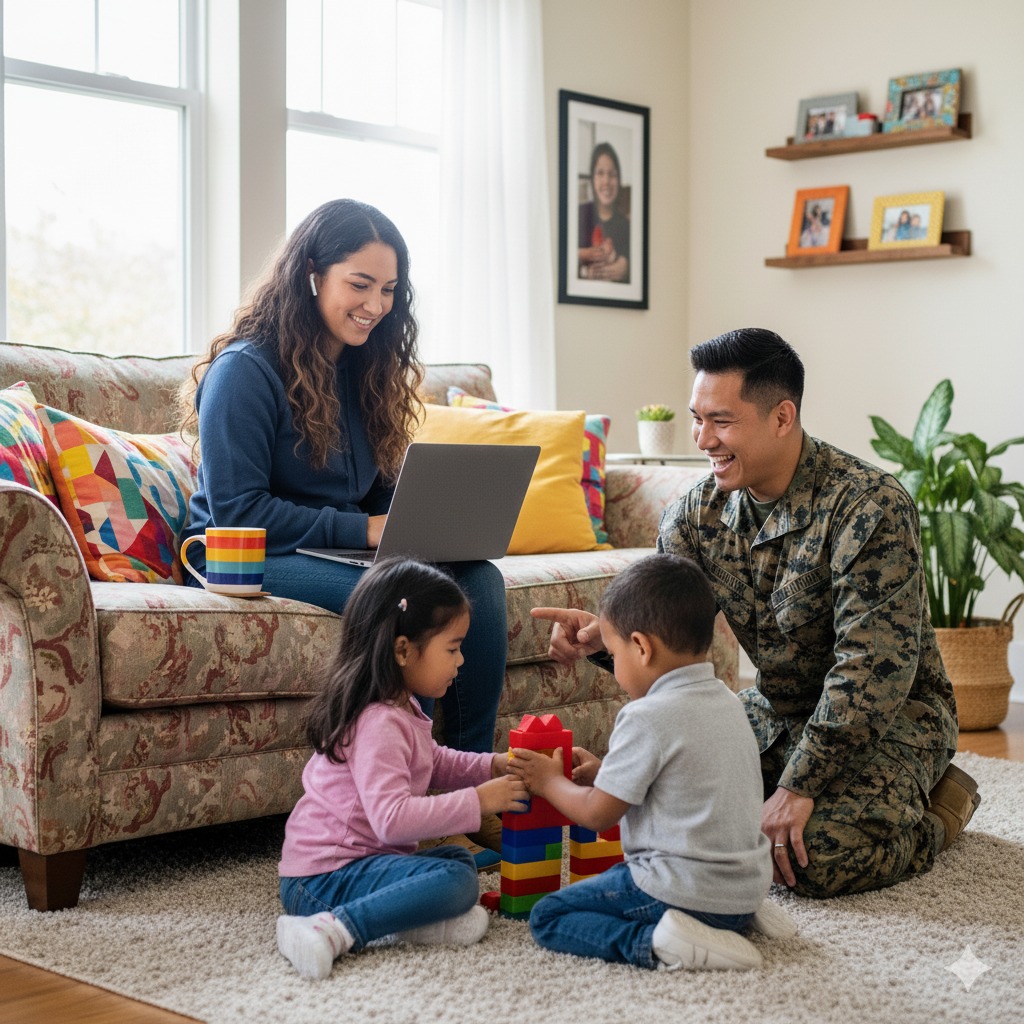 HSTI A woman updates her resume on a laptop from the couch while a man in military uniform and two children play with toy blocks on the living room floor.