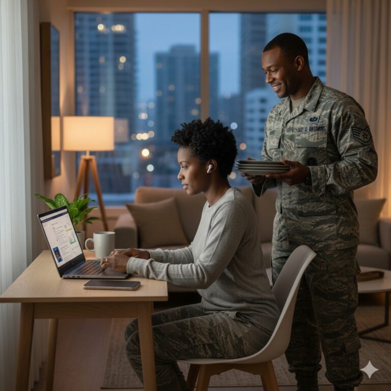 HSTI A woman in military uniform works on a laptop, possibly updating her resume or exploring a new career path, while a man in uniform stands beside her holding folders in a modern, city-view apartment.