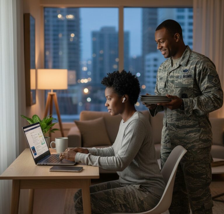 HSTI A woman in military uniform works on a laptop, possibly updating her resume or exploring a new career path, while a man in uniform stands beside her holding folders in a modern, city-view apartment.