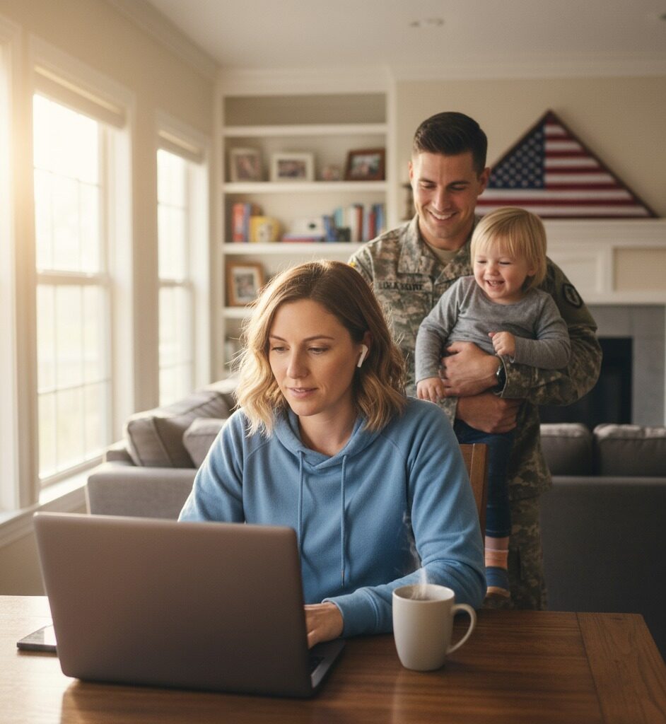 HSTI A woman works on her laptop, updating her resume at the table, while a man in military uniform holds a smiling child in a living room adorned with an American flag.