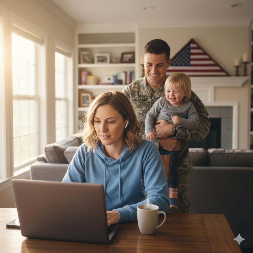 HSTI A woman works on her laptop, updating her resume at the table, while a man in military uniform holds a smiling child in a living room adorned with an American flag.