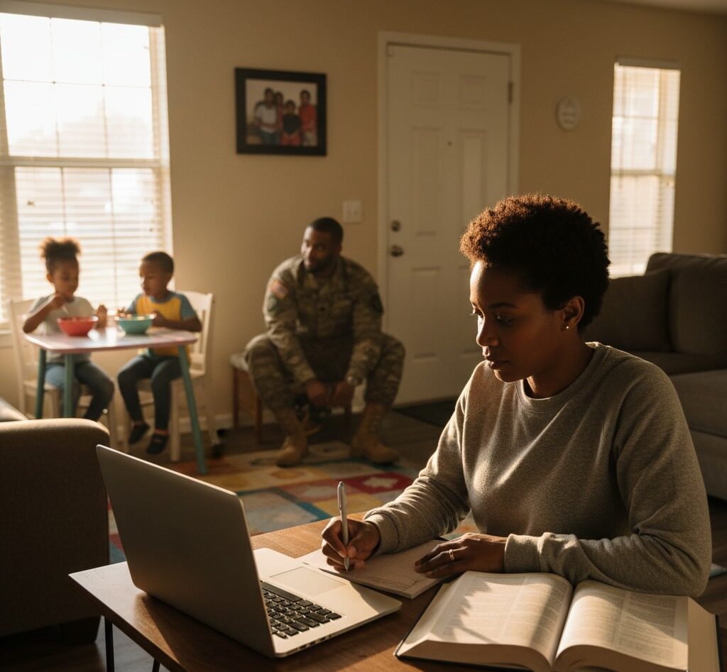 HSTI A woman works on her laptop, possibly updating her resume or exploring a new career path, while two children eat at a small table and a man in military uniform sits nearby in the living room.