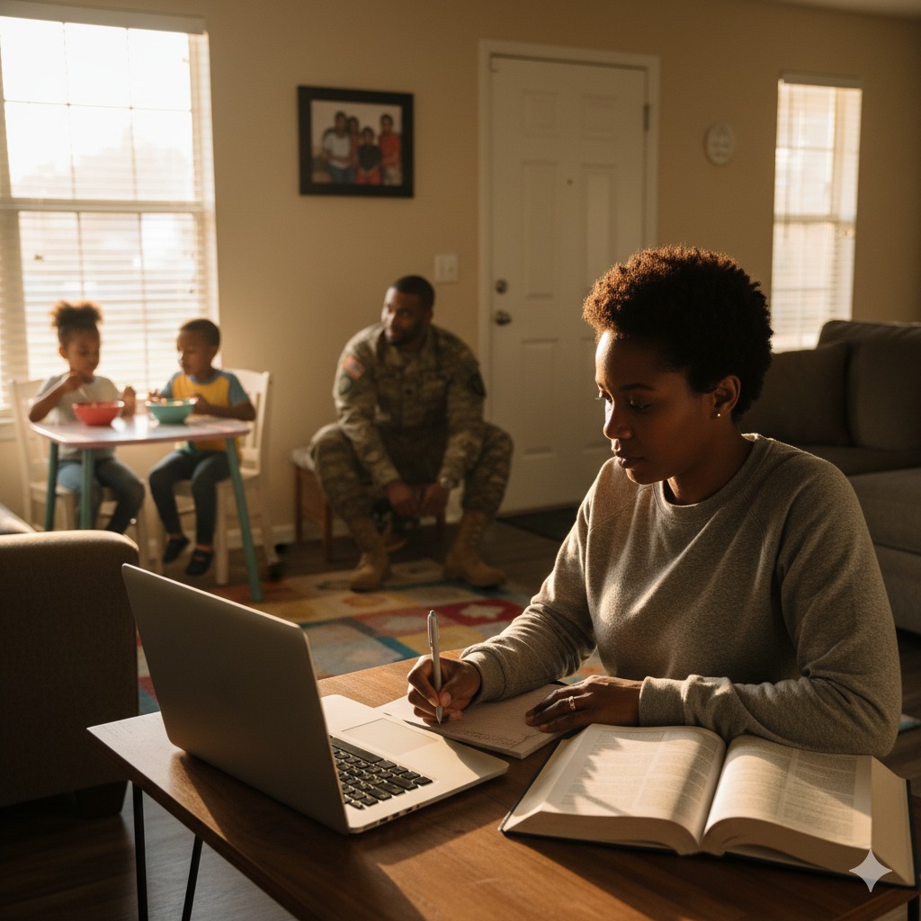 HSTI A woman works on her laptop, possibly updating her resume or exploring a new career path, while two children eat at a small table and a man in military uniform sits nearby in the living room.