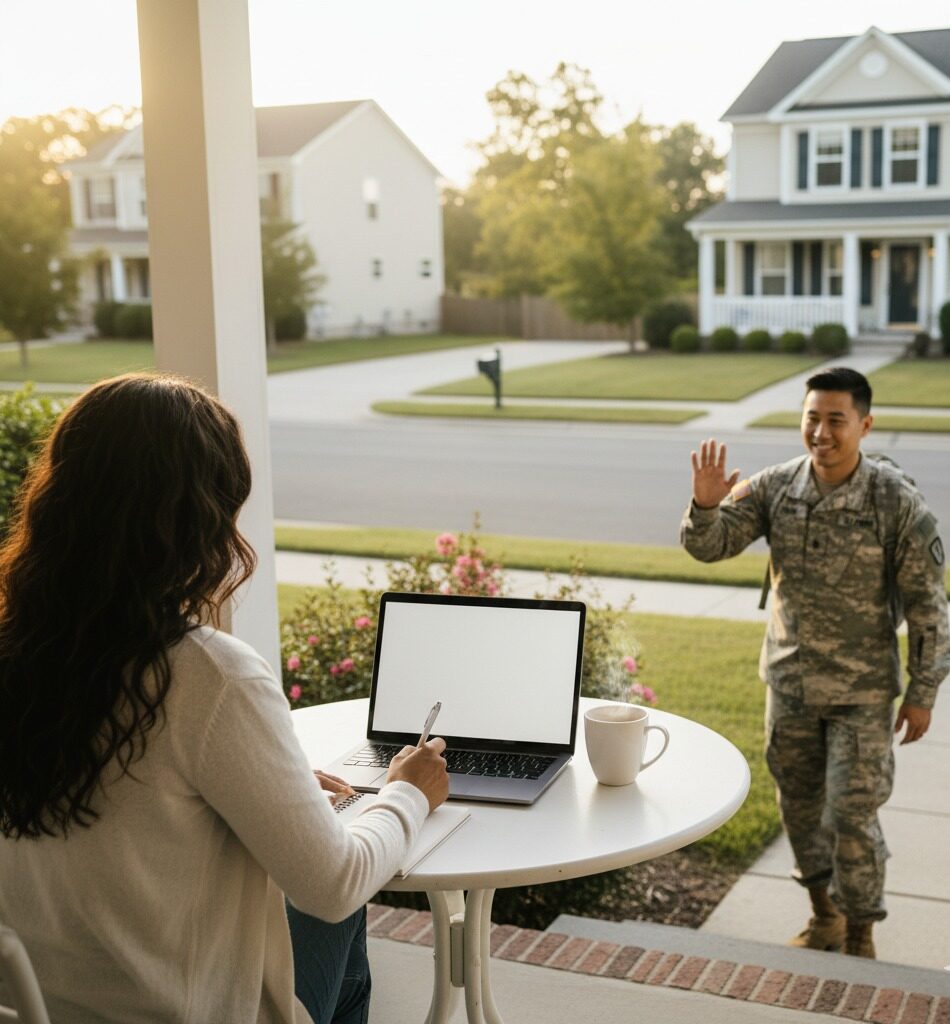 HSTI A person in military uniform waves while approaching a seated woman working on her resume at a table on a front porch in a suburban neighborhood.