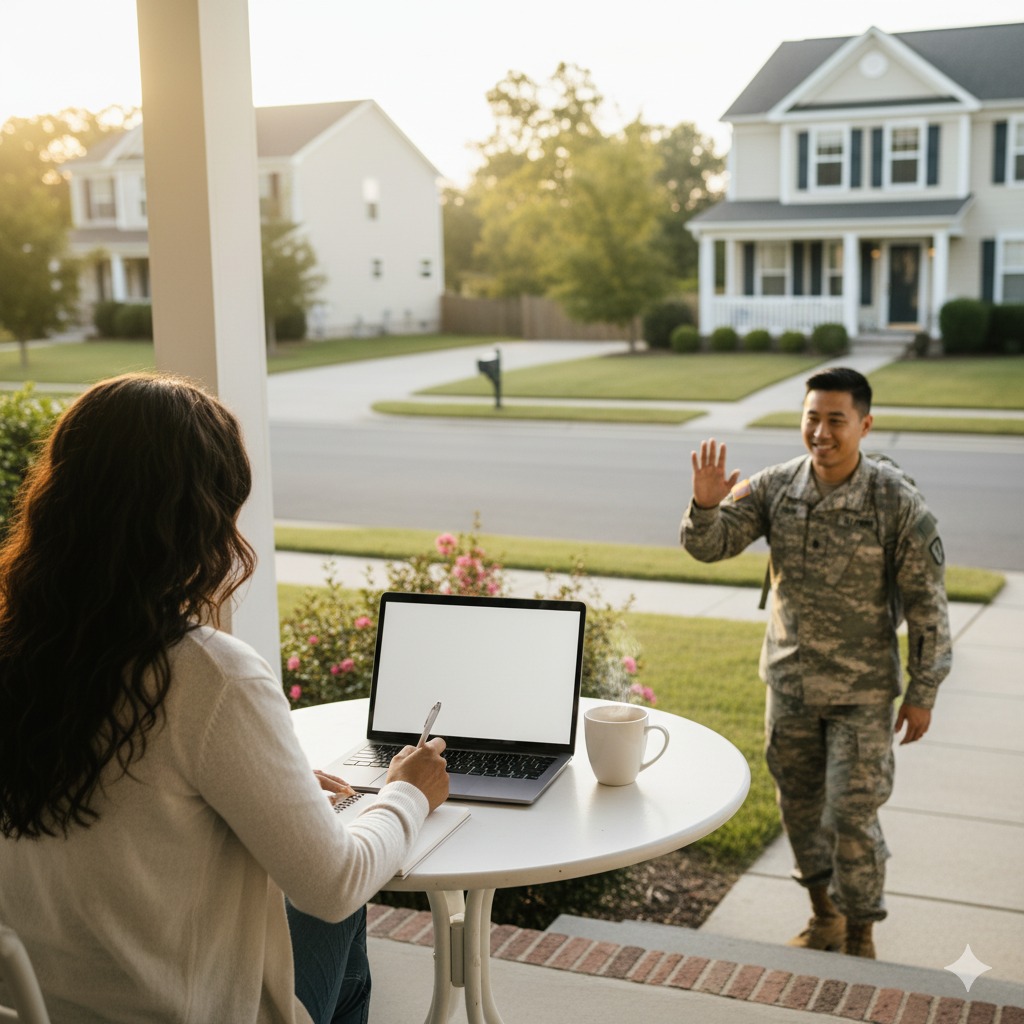HSTI A person in military uniform waves while approaching a seated woman working on her resume at a table on a front porch in a suburban neighborhood.