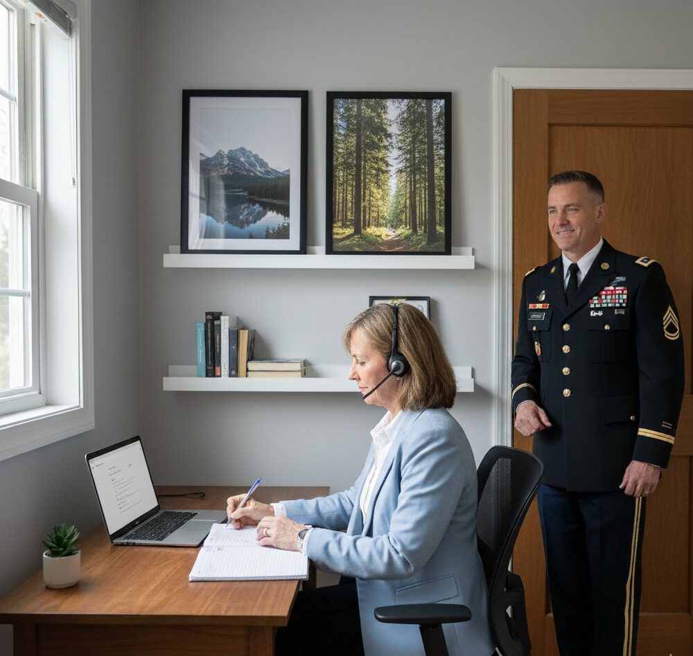 HSTI A woman wearing a headset works at a desk with a laptop and notebook, perhaps updating her resume, while a man in a military uniform stands nearby in their home office, both considering their next career path.