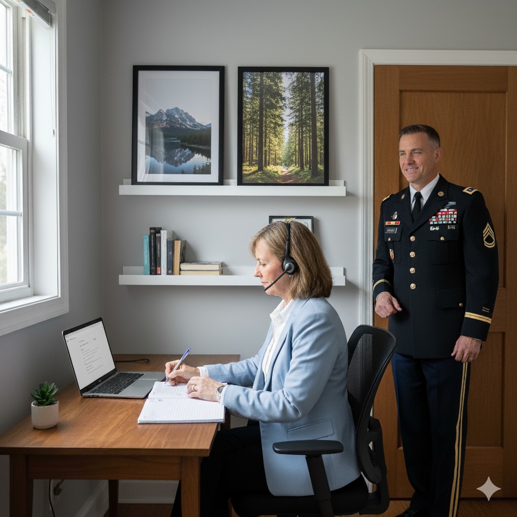 HSTI A woman wearing a headset works at a desk with a laptop and notebook, perhaps updating her resume, while a man in a military uniform stands nearby in their home office, both considering their next career path.