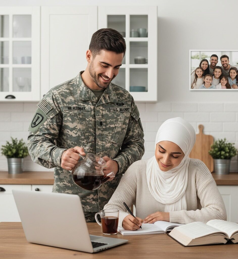 HSTI A man in military uniform pours coffee for a woman wearing a hijab, who is updating her resume at a kitchen table with books and a laptop. A family photo hangs on the wall in the background.