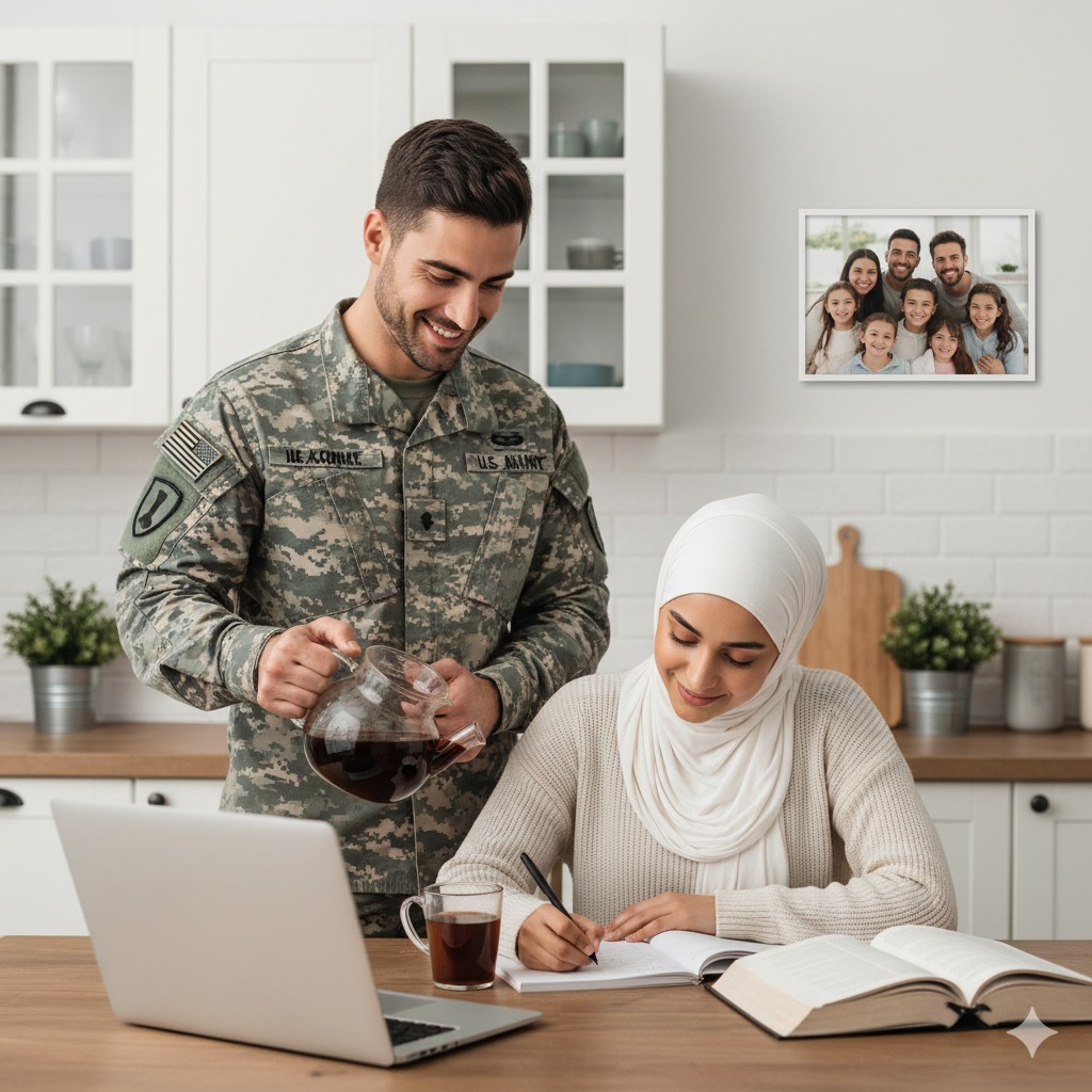HSTI A man in military uniform pours coffee for a woman wearing a hijab, who is updating her resume at a kitchen table with books and a laptop. A family photo hangs on the wall in the background.