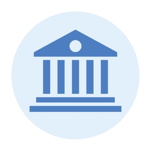 HSTI Blue icon of a classical building with columns and a triangular roof, resembling a bank, government institution, or vocational school, on a light blue circular background.