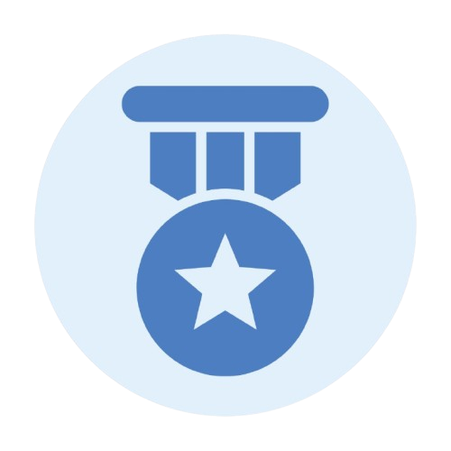 HSTI Blue icon of a medal with a star in the center, hanging from a ribbon, on a light blue circular background&mdash;perfect for representing achievement or excellence in vocational school programs.