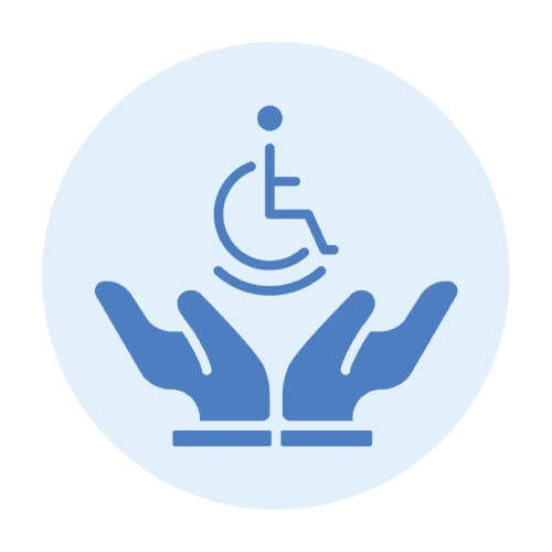 HSTI Two hands cupped upward support a wheelchair symbol, representing the care or assistance provided for people with disabilities&mdash;much like the inclusive support offered at a vocational school.