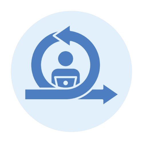 HSTI Blue icon of a person working on a laptop inside a circular arrow, with a straight arrow extending to the right, on a light blue background&mdash;representing progress and skill development in a vocational school setting.