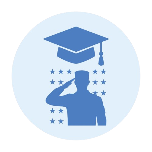 HSTI Blue icon of a saluting person in a military uniform, surrounded by stars, with a graduation cap above their head on a light blue circular background&mdash;symbolizing the achievements of vocational school graduates in military service.