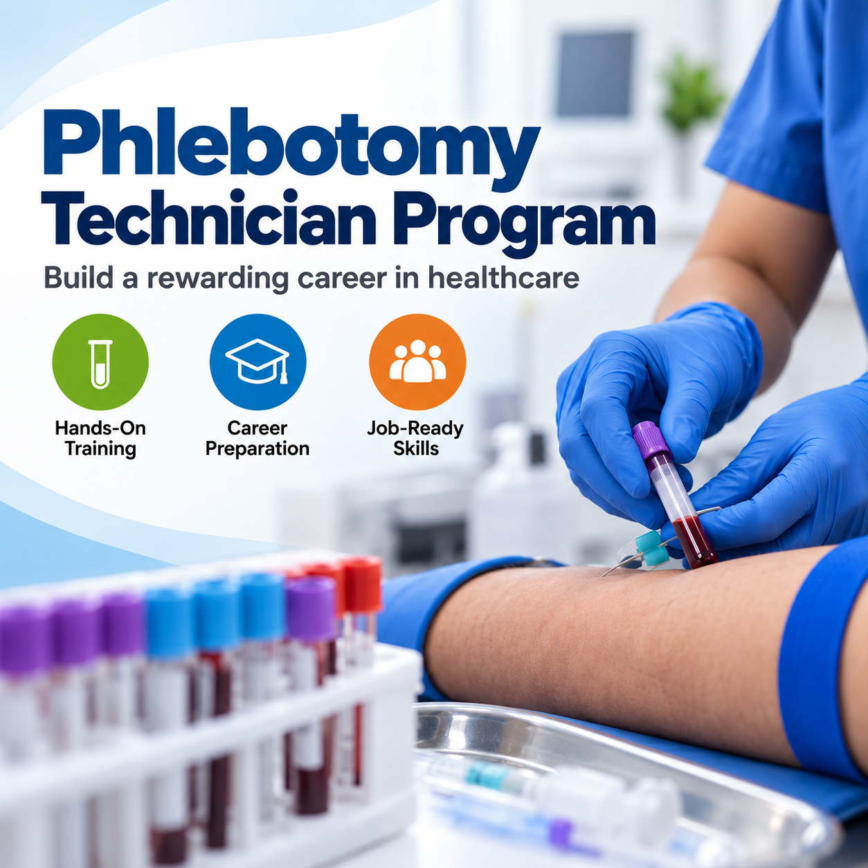 HSTI A healthcare worker draws blood from a patient’s arm. Icons highlight hands-on training, career preparation, and job-ready skills in a phlebotomy technician program.